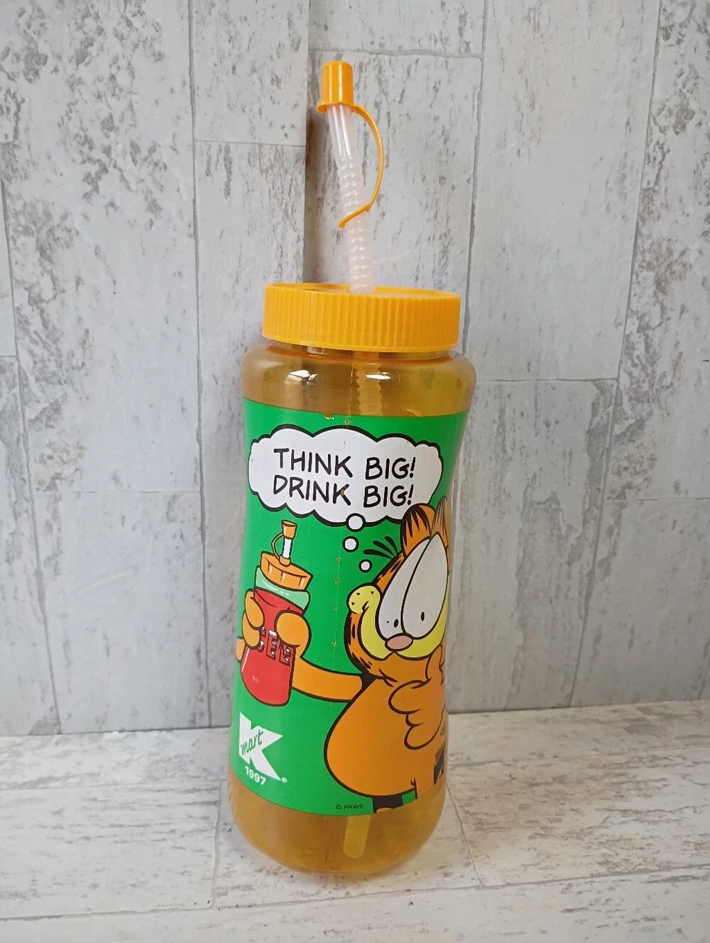 Vintage Garfield Water Bottle Think Big Drink Big Straw KMART Exclusive